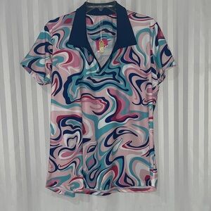 NWT Ana Clare Active Mer Short Sleeve Polo in Pink, Teal & Navy Swirl. SPF50
